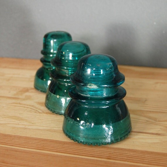 Items similar to Vintage Blue Glass Insulators / Railroad / Telegraph