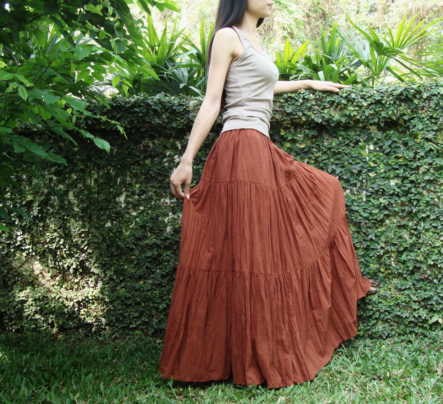 NO.5 Rust Cotton, Hippie Gypsy Boho Tiered Long Peasant Skirt