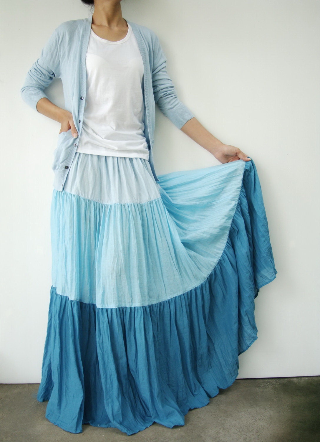 NO.53 Light Blue-Aqua-Turquoise Cotton, Hippie Gypsy Boho Color-Block Tiered Skirt