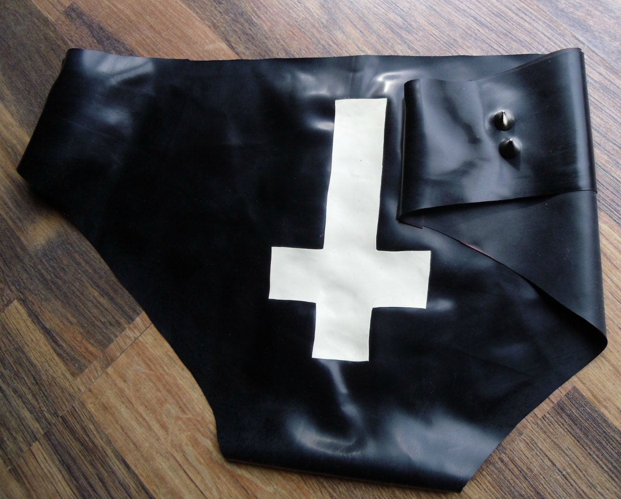 Black Metal Studded Inverted Cross of St Peter rubber latex hip briefs / knickers / hotpants by Mortiis.M