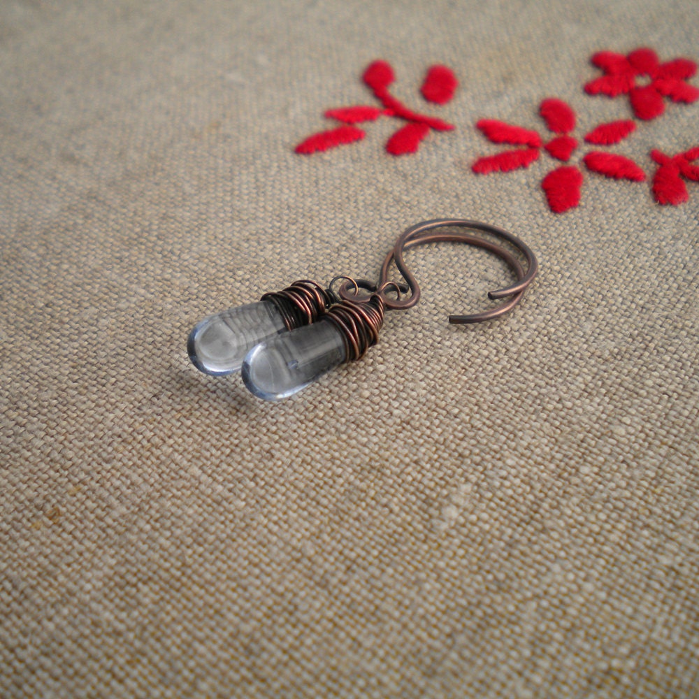 Wire Wrapped Earrings, Beautiful Czech Glass Smooth Pale Blue Drops and Oxidized Solid Copper Eye Catching Earrings, Made to Order
