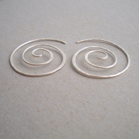 Sterling silver earrings, Silver swirl earrings, Modern, hammered hoops, Wire wrapped sterling silver earrings