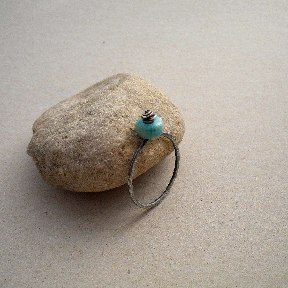 Sterling Silver Ring Featuring African Opal Roundel, Modern, Hammered and Oxidized Silver Ring, Made to Order