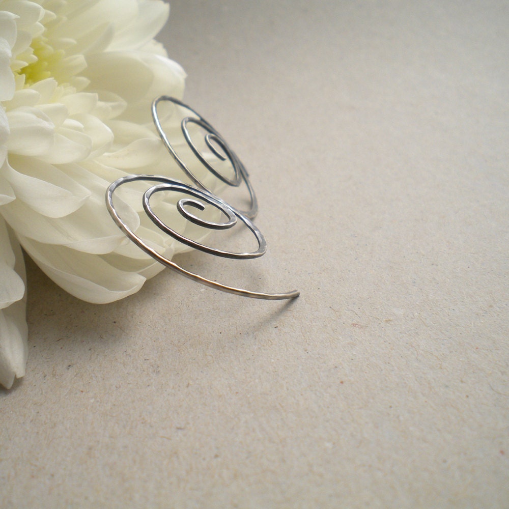 Sterling silver earrings, Silver swirl earrings, Modern, hammered hoops, Wire wrapped sterling silver earrings