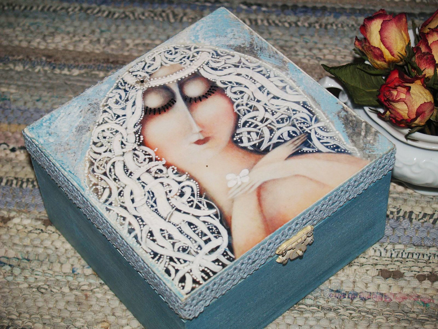 Christmas gift Jewelry box " Helga's winter "  inspired by artist Vladimir Olenberg / Decoupage technique box vintage looking. Shabby chic