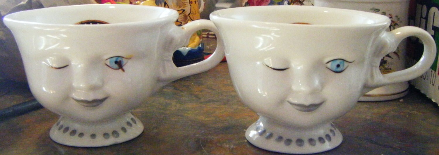 TWO cups of Face Figural Pair vintage  Cups 2 Helen by face parkledge Bailey's Coffee