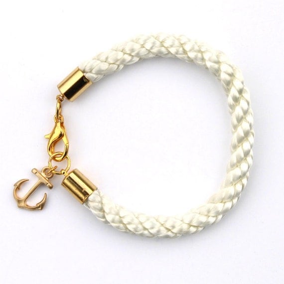 Nautical White Rope Bracelet with Gold Anchor - Merriweather bracelet
