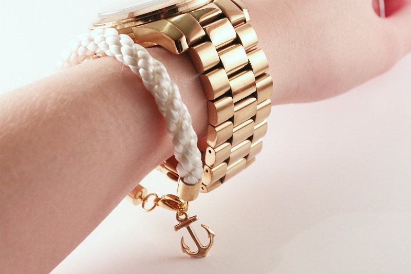 Nautical White Rope Bracelet with Gold Anchor - Merriweather bracelet