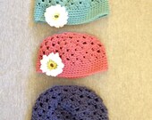 Girls' spring daisy hat in seafoam blue, pink, or violet, crocheted Spring hat, Easter hat, summer hat, for babies and toddlers