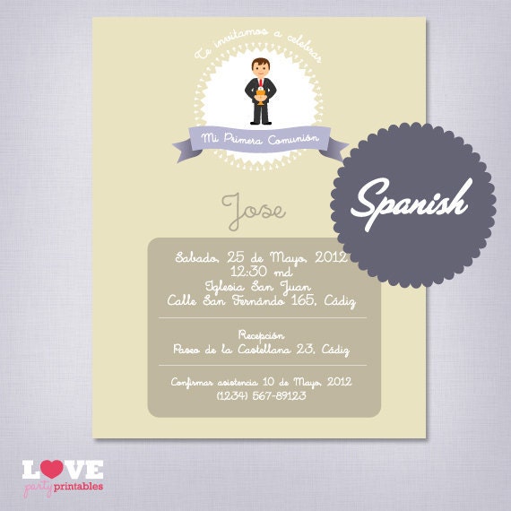 Personalized Spanish First Holy Communion Printable Invitation - Little Boy