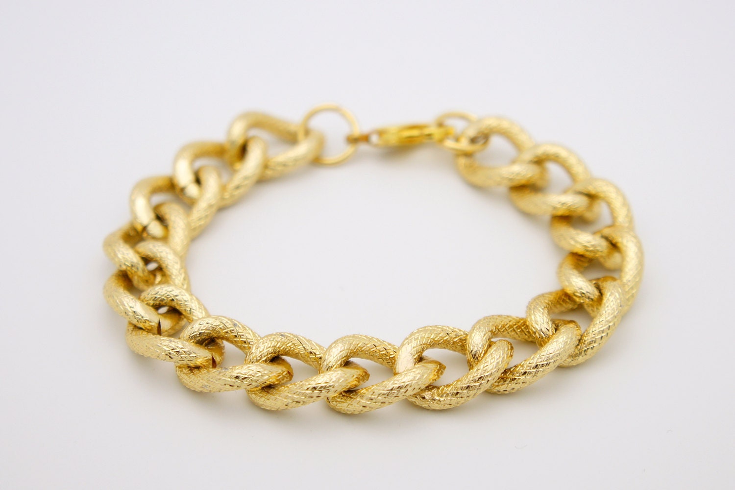 Chunky Faux Pave Gold Link Chain Bracelet, Light Gold Arm Candy - Textured Chain Bracelet