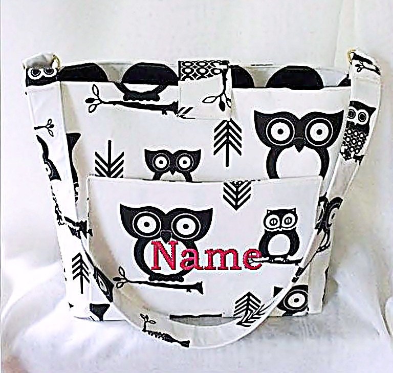 Purse, Tote Bag Fabric Handmade Tote Custom Embroidered with Monogram Owl Print