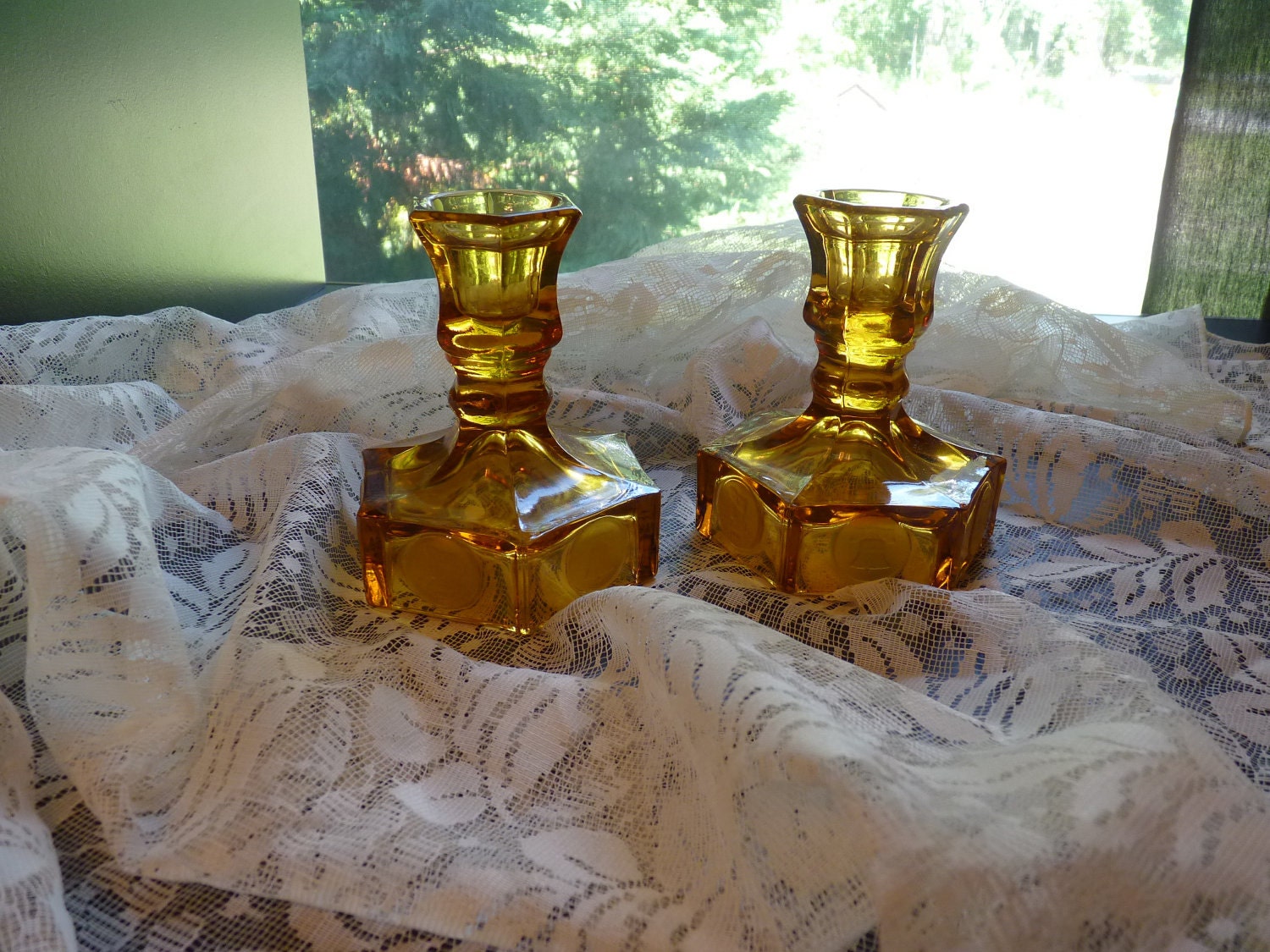 Fostoria Coin Glass Candleholders Pair Amber 316 Vintage Home Decor Candle Holders Candlesticks