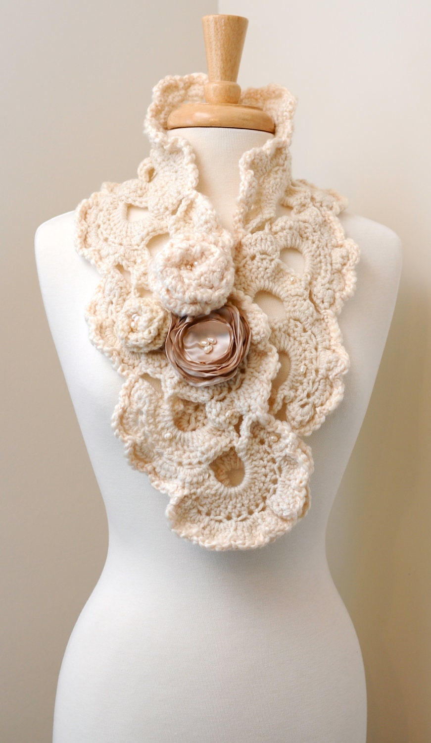 Scarf - Bridal Scarf - Shabby Chic - Antique Romance - Aged Ivory Cowl - Cream Beauty - Satin Flowers - pearls - OOAK
