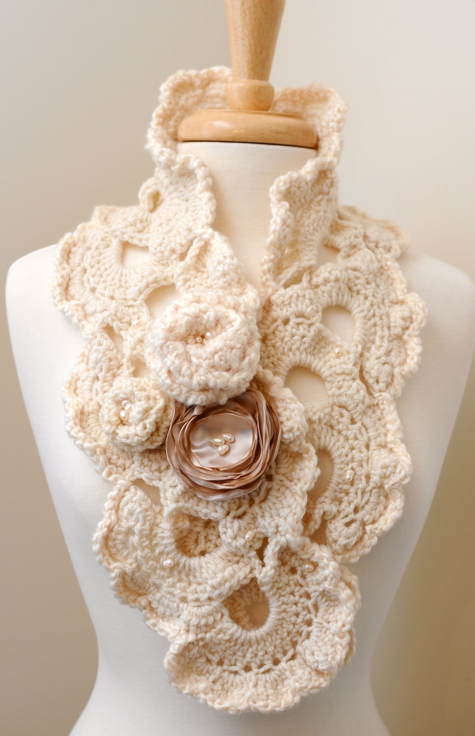 Scarf - Bridal Scarf - Shabby Chic - Antique Romance - Aged Ivory Cowl - Cream Beauty - Satin Flowers - pearls - OOAK