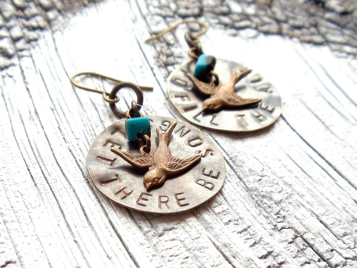 brass bird earrings // hand stamped jewelry