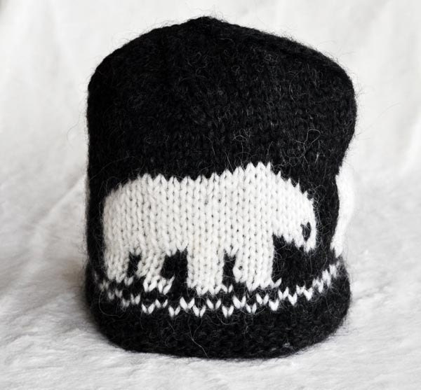 Black and white handknitted unisex polar bear, woolen hat/cap made out of 100% pure Icelandic lambs wool, ready to ship
