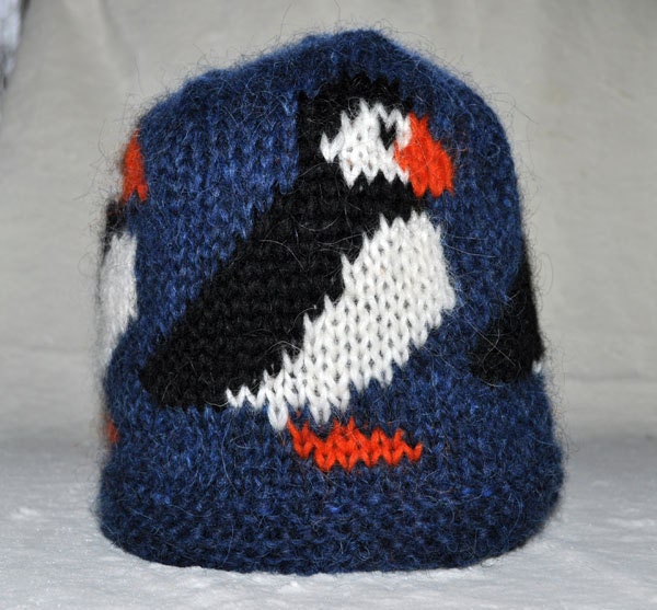 Blue handknitted unisex puffin, woolen hat/cap made out of 100% pure Icelandic lambs wool, ready to ship