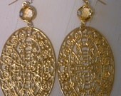 Large, statement, gold filigree and yellow citrine earrings