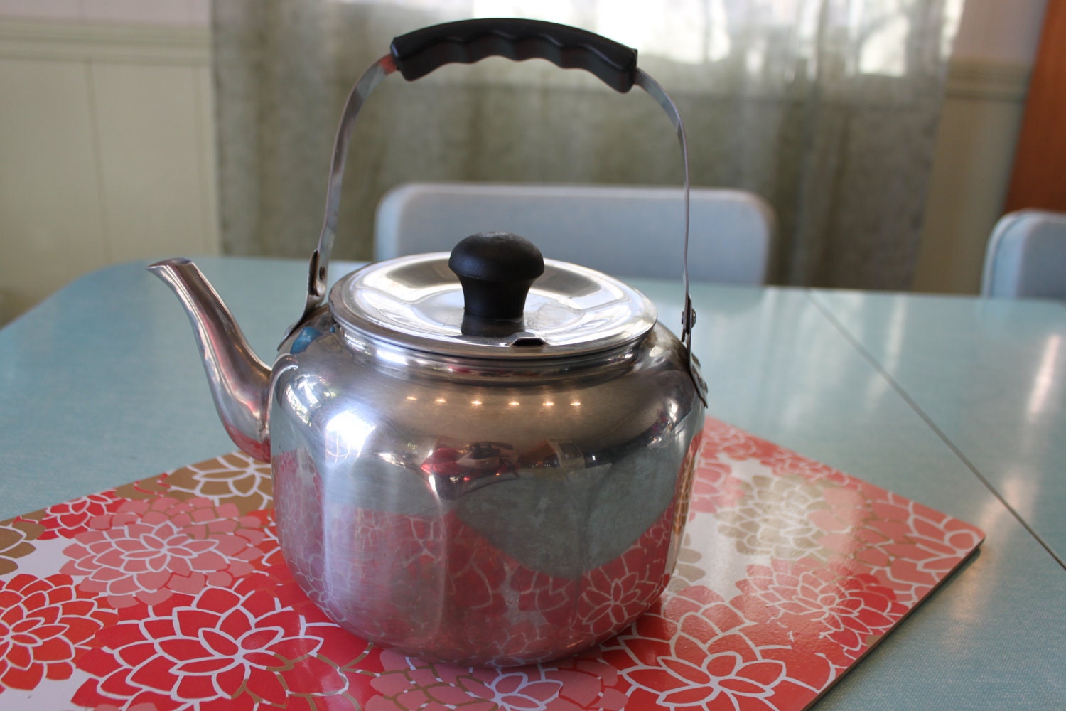 Vintage Farberware Stainless Teakettle Faceted Body Tea Kettle Pot 7020 Black handle