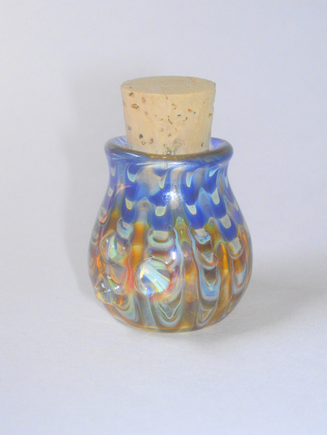Glass Jar or Bottle, Handblown Glass Jar with Butterscotch and Cobalt Stripes