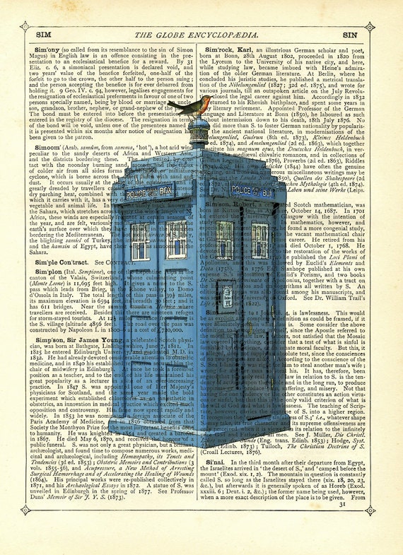 Doctor Who Tardis and Robin Dictionary Art Print Vintage Upcycled Book Page Poster Print