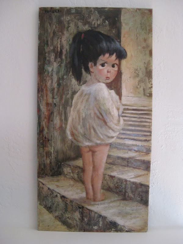 Original 60's Big Eyed Art Abruzzi Oil Painting Petulant Little Ponytail Girl on Stairs Eye 1960's Harold Stephenson