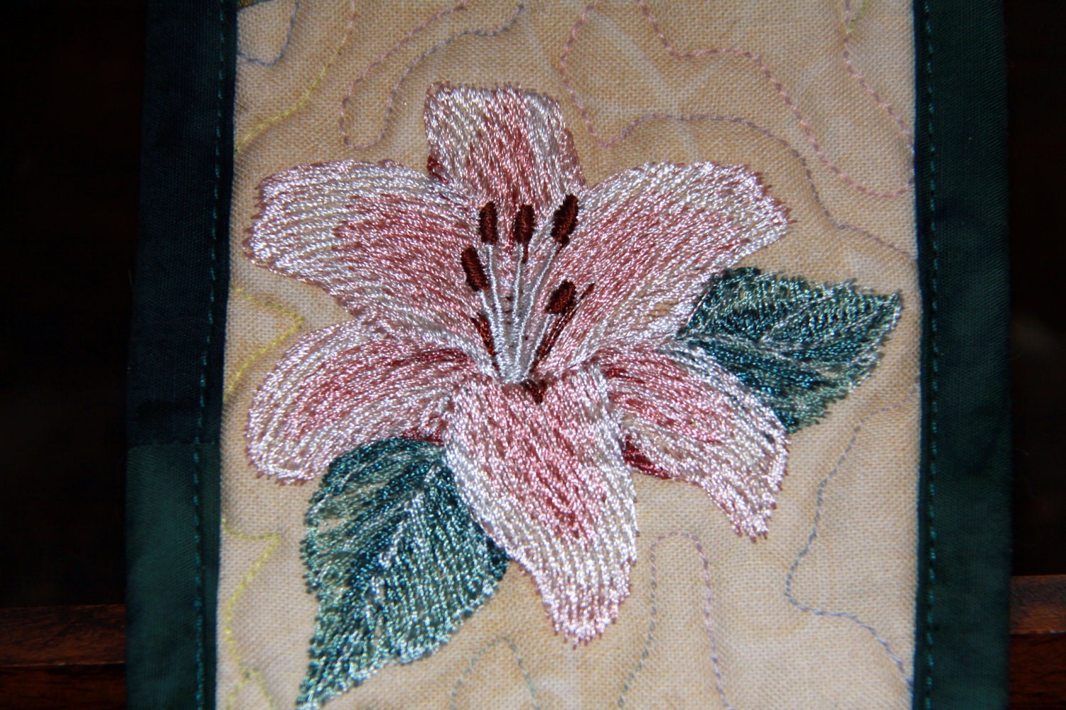 Lovely Lily Petite Quilted Wall Hanging, Magnolia fabric set Stargazer Lily, Wire hanger