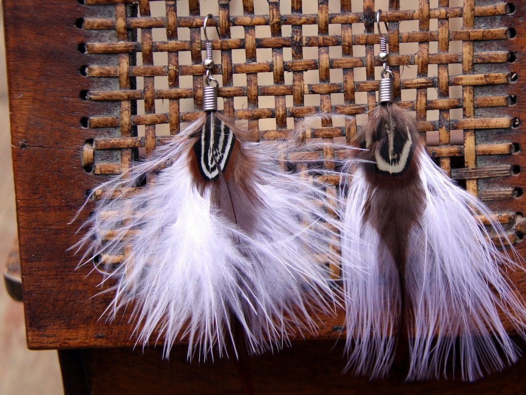 Brown n White Fluffy Feather earrings  ((FREE SHIPPING))