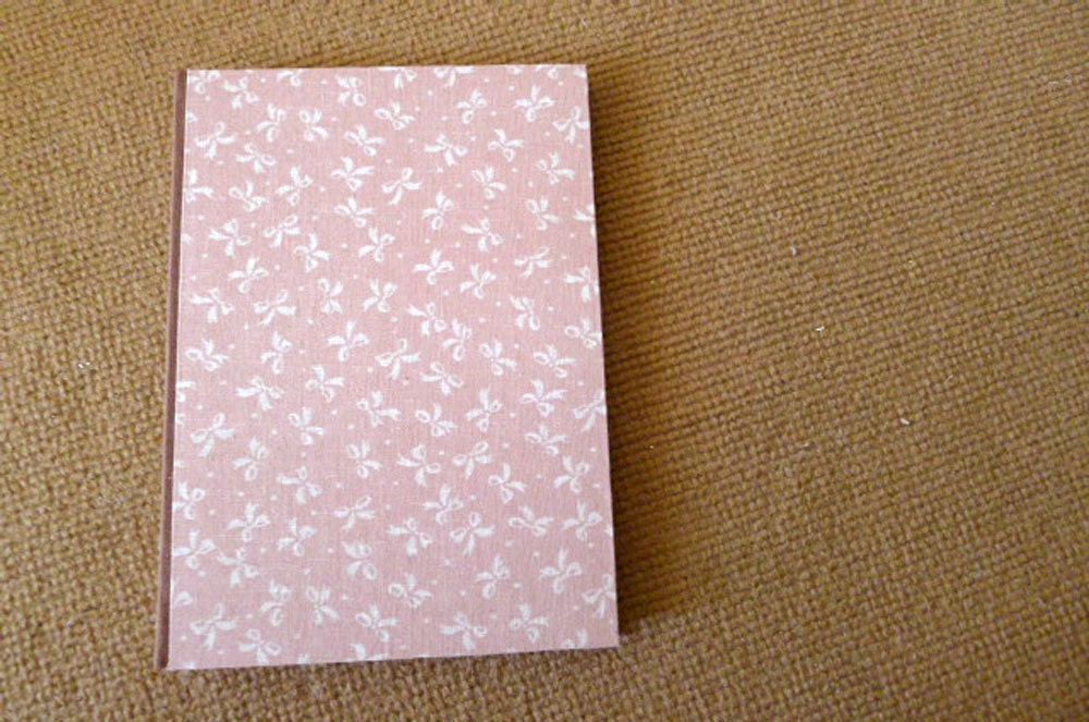 handmade notebook, diary, journal, sketch book, scrapbook, fabric cover in brown and pink with tiny white bow - sweet