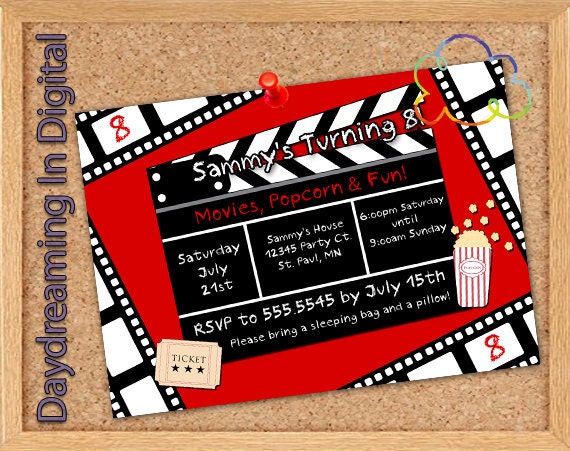 Digital File - 5x7 Movie Birthday Sleepover - Custom Personalized