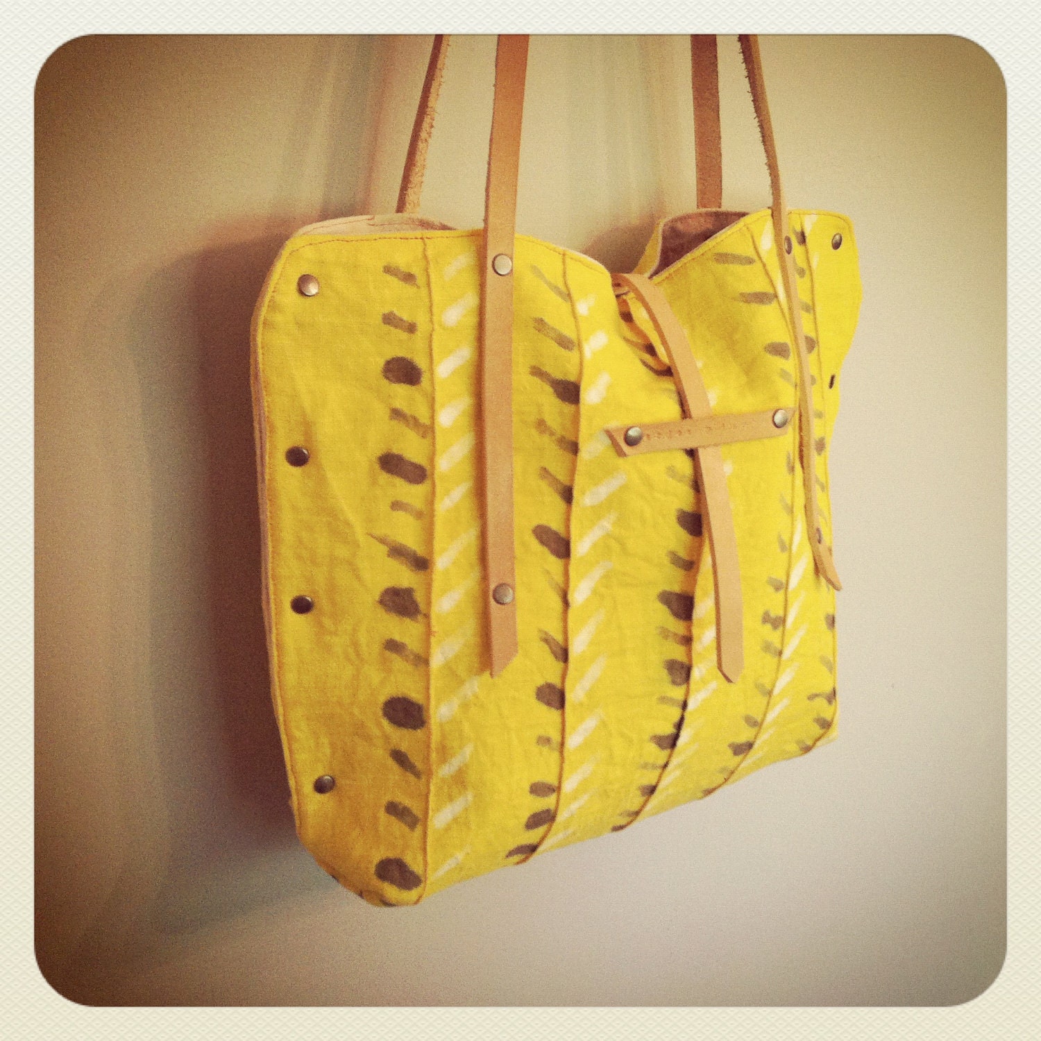plant dyed // hand painted // european linen tote // beeswaxed leather  // rivets