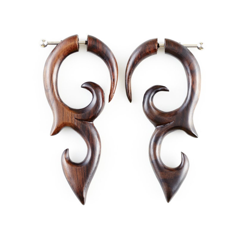 Fake Gauge Earrings - Wood Earrings Fake Piercing - Wood Spiral Earrings "Dayak Shields"