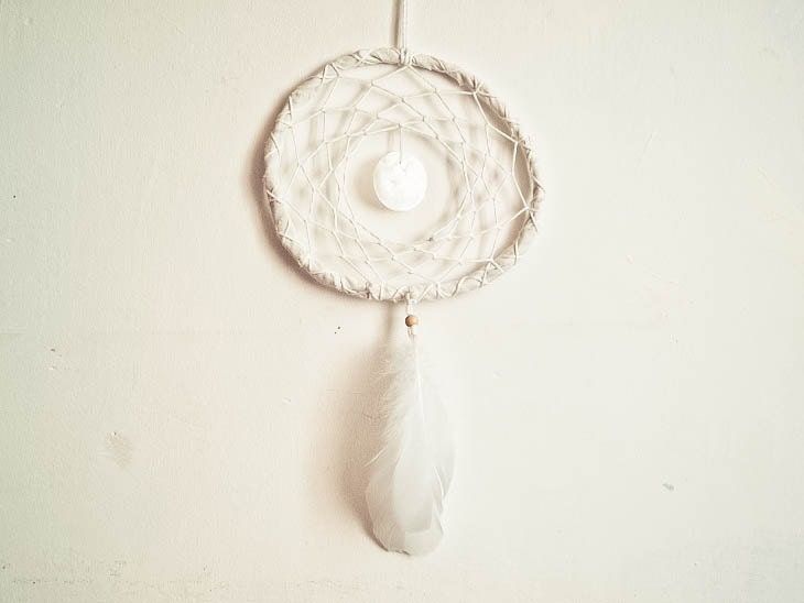 Dream Catcher - Mother of Pearls - With Swan Feathers, White Circular Mother of Pearl Disk, White Frame and Nett - Home Decor, Mobile