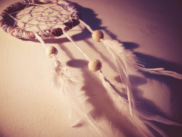 Dream Catcher - Pure Mornings - With Natural White Feathers, Transitional Violet Frame and White Nett - Home Decor, Mobile