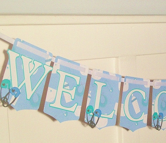 CLEARANCE SALE Welcome Baby Paper Banner With Diaper Pin Accents Baby Shower Bunting Decor Photo Prop