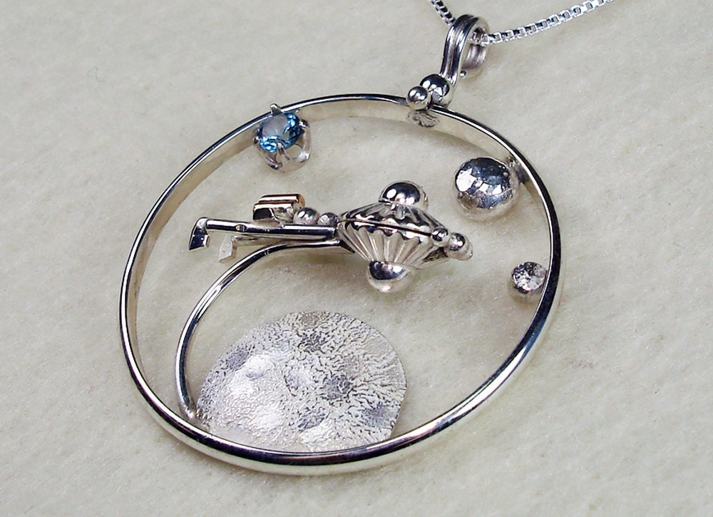Star Trek Starship Enterprise Flying Through Space with a 4mm Aquamarine Cubic Zirconia Necklace in Argentium Silver and 14kt Gold Filled