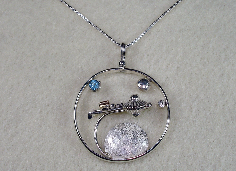 Star Trek Starship Enterprise Flying Through Space with a 4mm Aquamarine Cubic Zirconia Necklace in Argentium Silver and 14kt Gold Filled