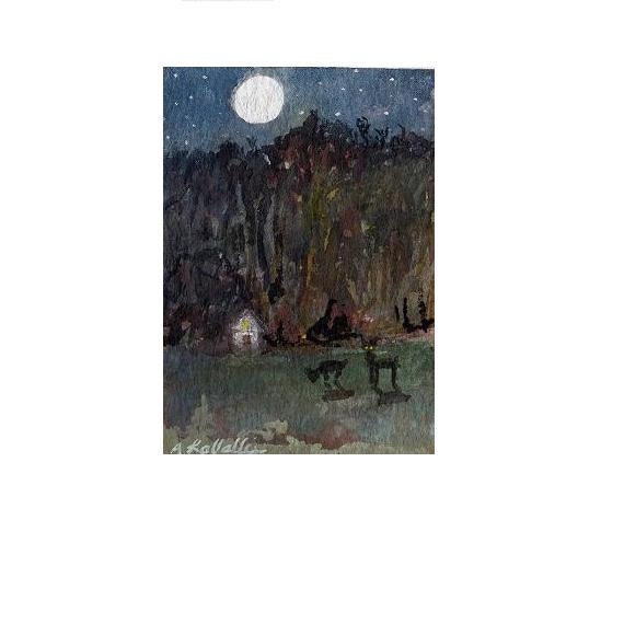 OOAK Deer stars Woodland Full Moon ACEO watercolor,ORIGINAL 3.5"X2.5" Small  Impressionist Landscape painting
