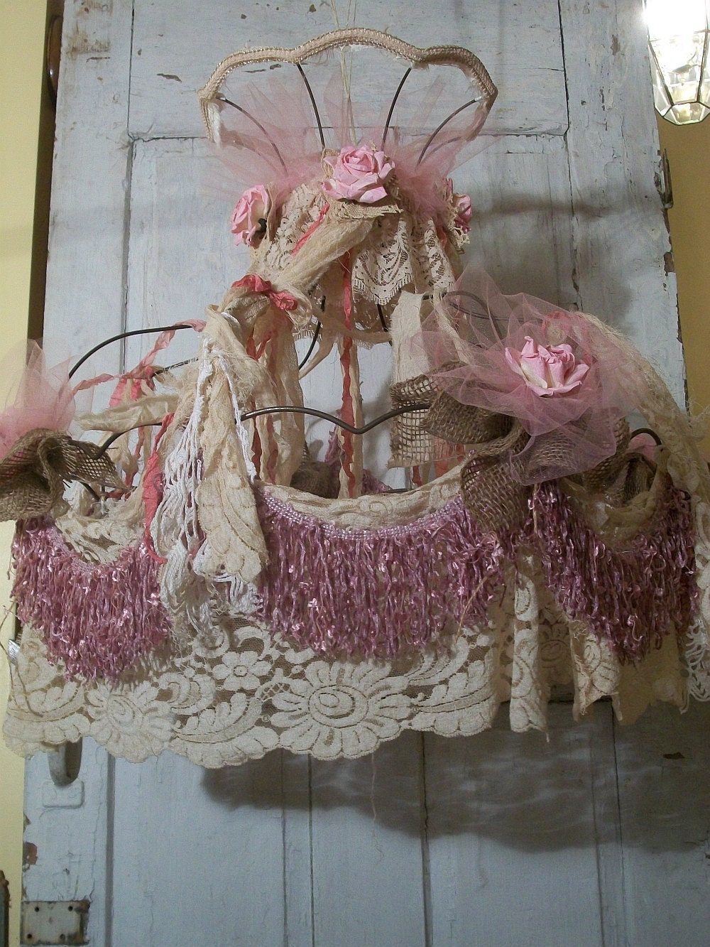 Lamp Shade handmade upcycled burlap lace OOAK Anita Spero