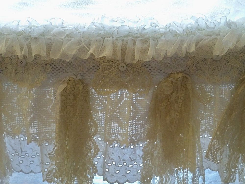 White Christmas tablecloth burlap recycled materials lace ruffles table linen all hand made ooak  Anita Spero