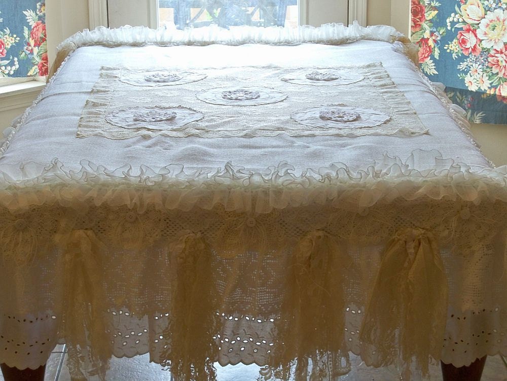 White Christmas tablecloth burlap recycled materials lace ruffles table linen all hand made ooak  Anita Spero