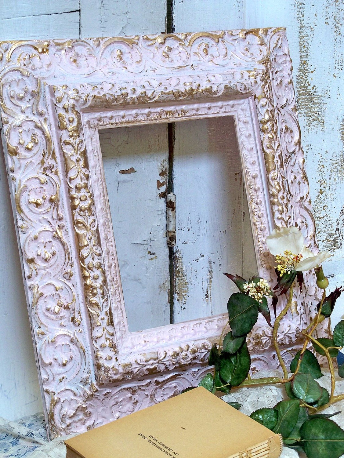 Reserved for nanny thru the 6th.Hand painted ornate frame shabby chic vintage pink with gold touches Anita Spero