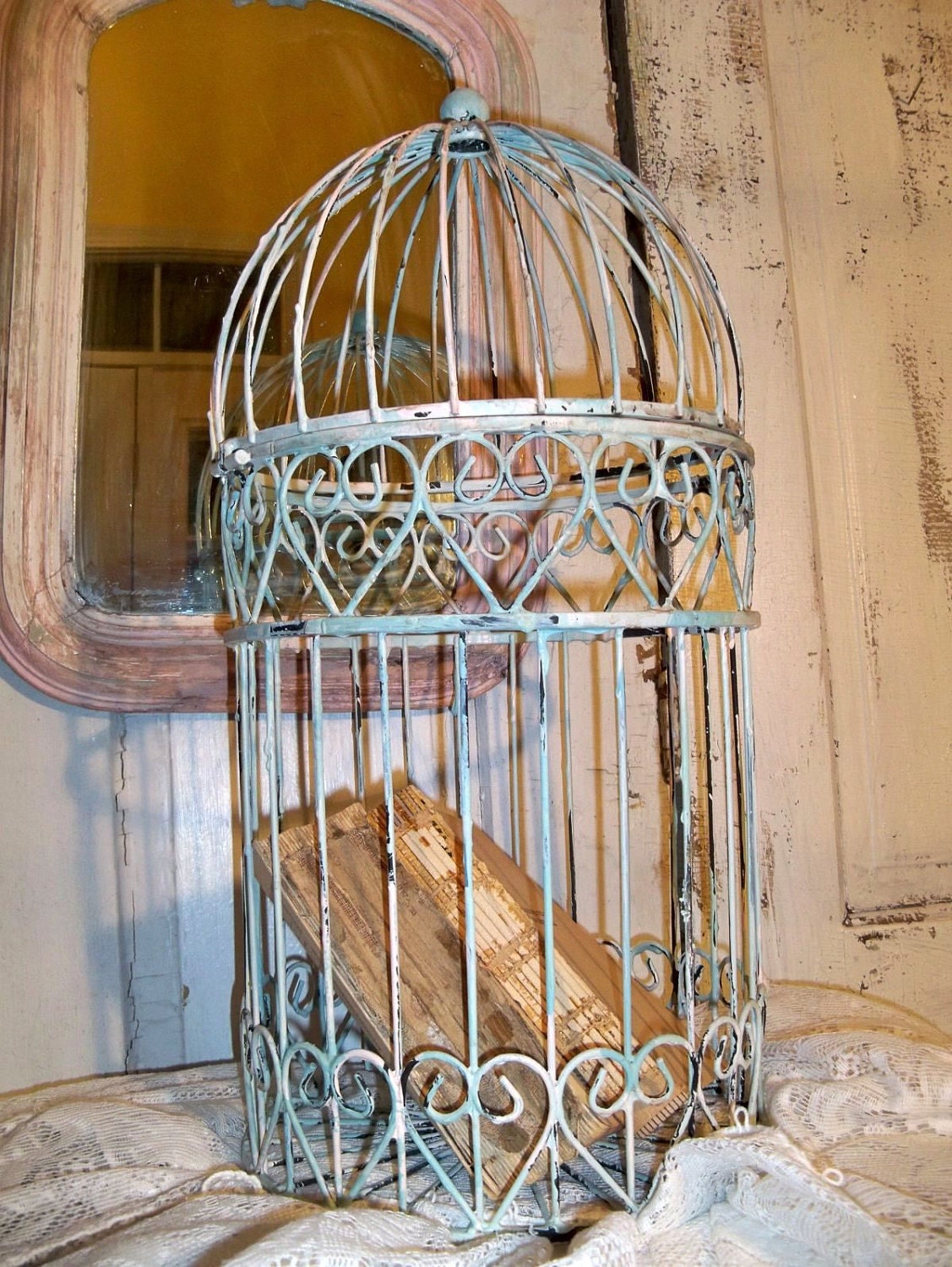 Vintage birdcage hand painted shabby chic chippy distressed OOAK Anita Spero