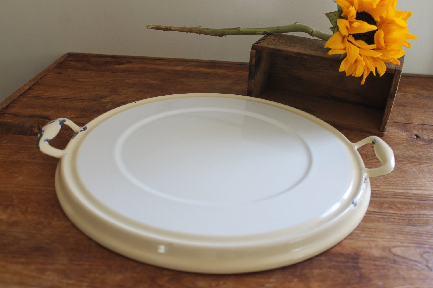 Unique Vintage Enamelware Tray Underplate White and Cream