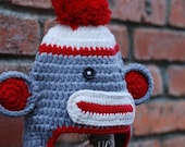 SALE: Sock Monkey Hat Red & Grey - Available to ship now (Small, Medium and Large)