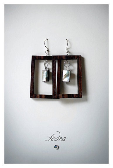 wood earrings , tiger ebony and natural mother of pearl earrings, Geometric earrings, Sophisticated , Boho, statement earrings