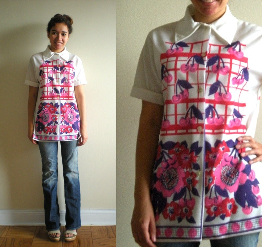 1970s Shirt Blouse Cherry and Flower Screen Print Neon