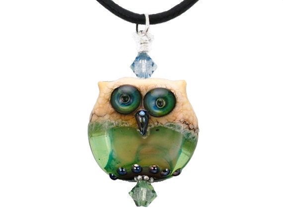 Owl Bead Pendant, Lampwork Glass Owl Necklace, Christmas Owl Necklace, Christmas Owl Jewelry