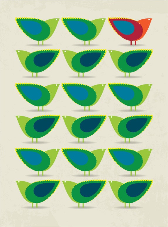 Mid Century design inspired Birds Illustration Print Art Poster in Green and Blue - A3 poster print - Cathrineholm art print poster